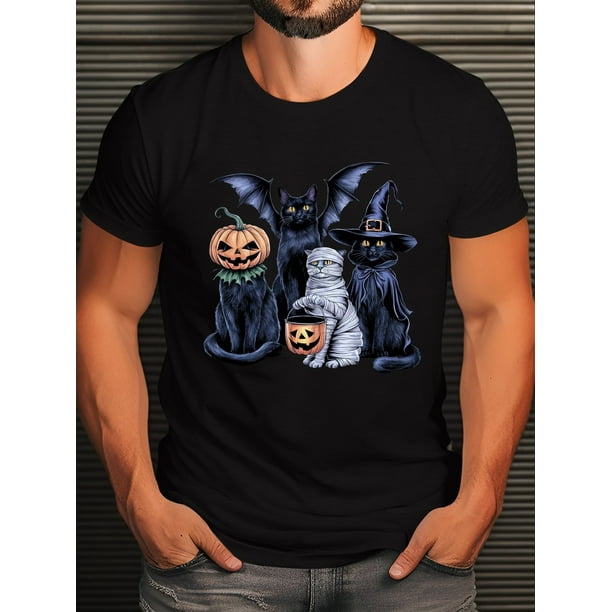 Halloween T-shirt, 4 black cats wearing costume print, casual crew neck, slight stretch, regular cut, 100% cotton, summer men's T-shirt