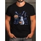 thumbnail image 1 of Halloween T-shirt, 4 black cats wearing costume print, casual crew neck, slight stretch, regular cut, 100% cotton, summer men's T-shirt, 1 of 6