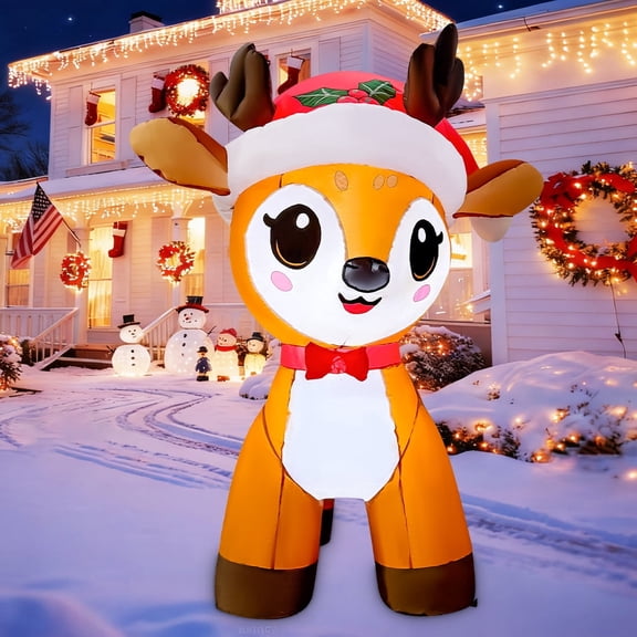 4.7 FT Inflatable Reindeer with LED Lights Built-in, Cute Reindeer Blow up Wearing Xmas Hat, Christmas Outdoor Decorations for Garden Patio Lawn Holiday Party Xmas