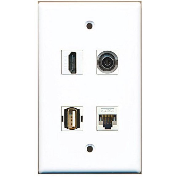 RiteAV - 1 Port HDMI 1 Port USB A-A 1 Port 3.5mm 1 Port Cat5e Ethernet White Wall Plate