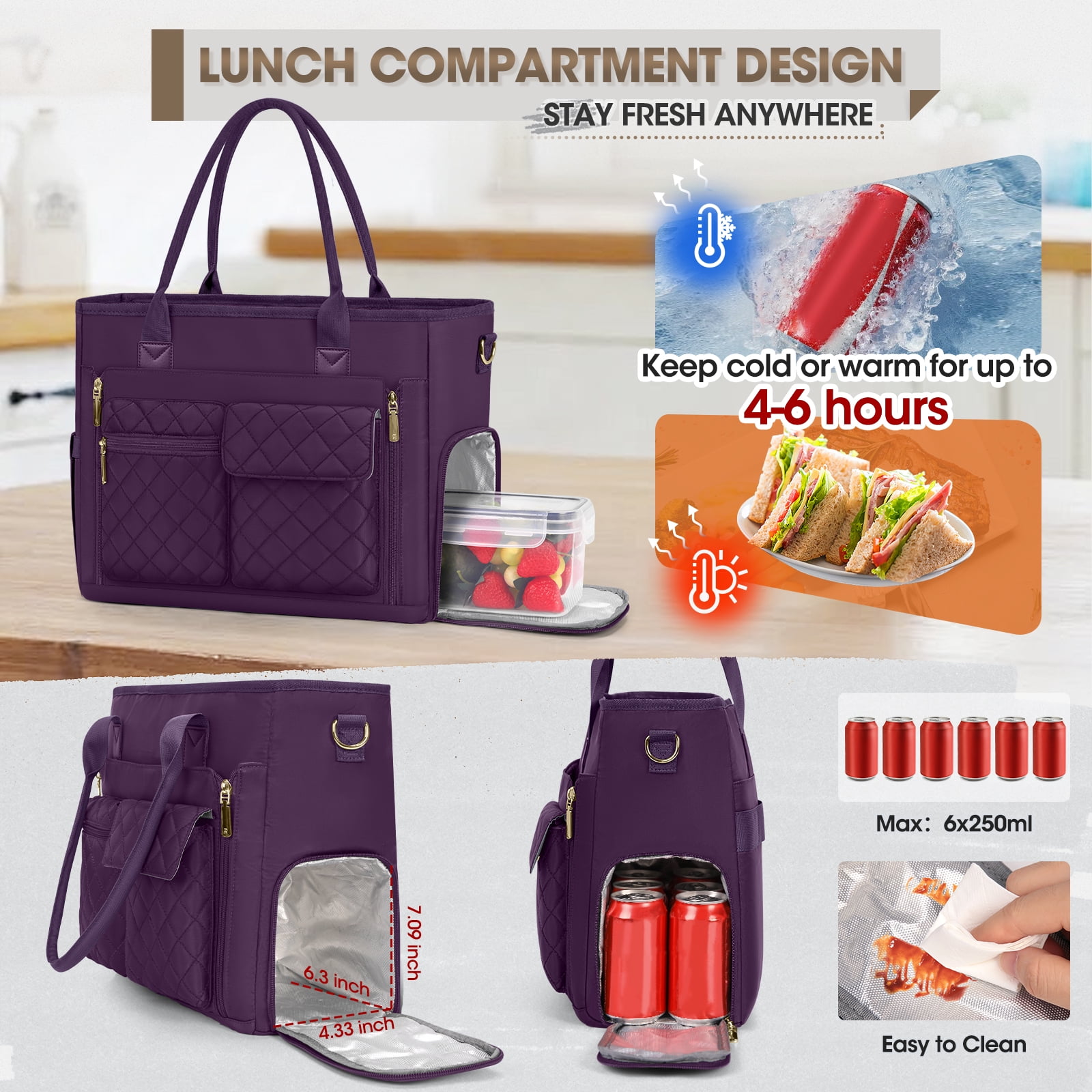 RAINSMORE Teacher Tote Bag with Insulated Lunch Compartment Lightweight 15.6 inch Laptop Bag for Women Work Bags Nurse Tote Bags,DarkPurple