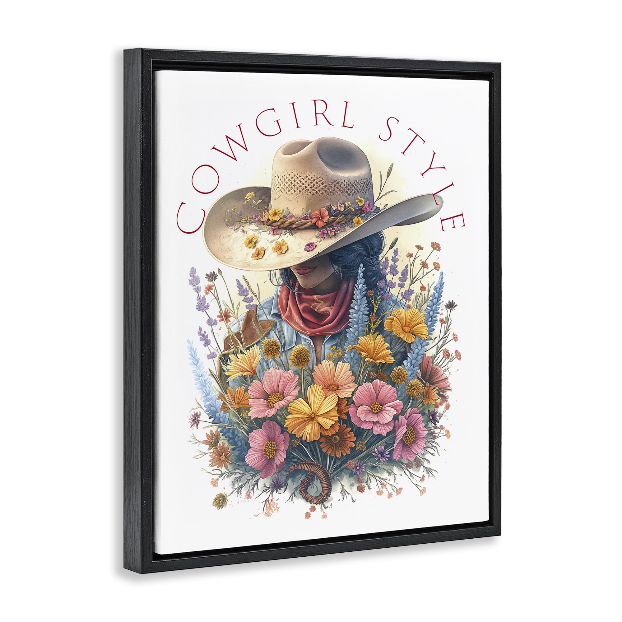 Stupell Industries Cowgirl Style with Florals People Painting Black Floater Framed Canvas Art Print Wall Art, 17 x 21