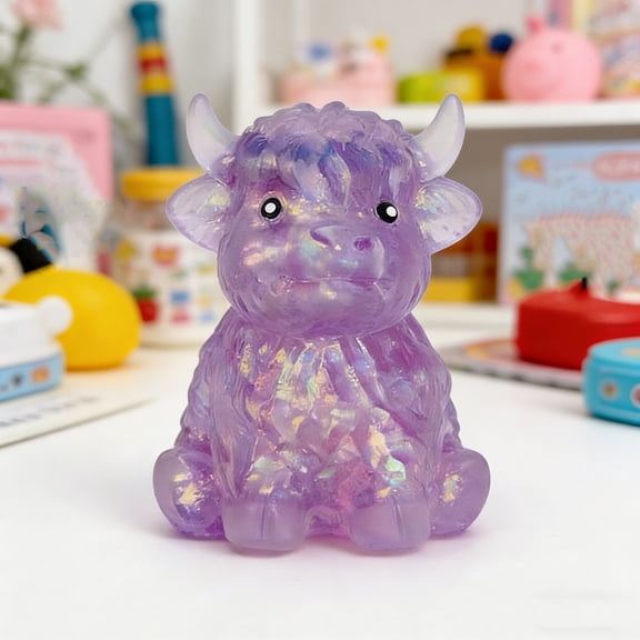 Highland Cow Squeeze Desktop Decor, Glitter Slow Rising Squishy Fidget Toy Decompress Cow Figurine for Adult Stress Relief, Office Home Decoration