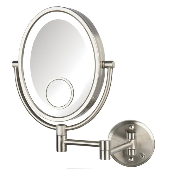Jerdon 8 inch by 10 inch Oval Wall-Mounted Lighted Makeup Mirror with 10X-1X and 15X Spot Magnification, Nickel Finish, Direct Wire -Model HL9515NLD