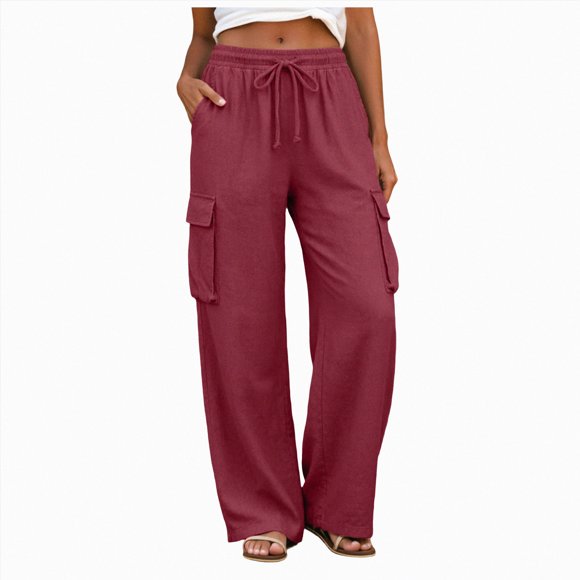 Gubotare Women Linen Cargo Pants Women Linen Pants Drawstring Summer Cargo Pants Beach Travel Lounge Pants with Pocket (Brick Red,S)