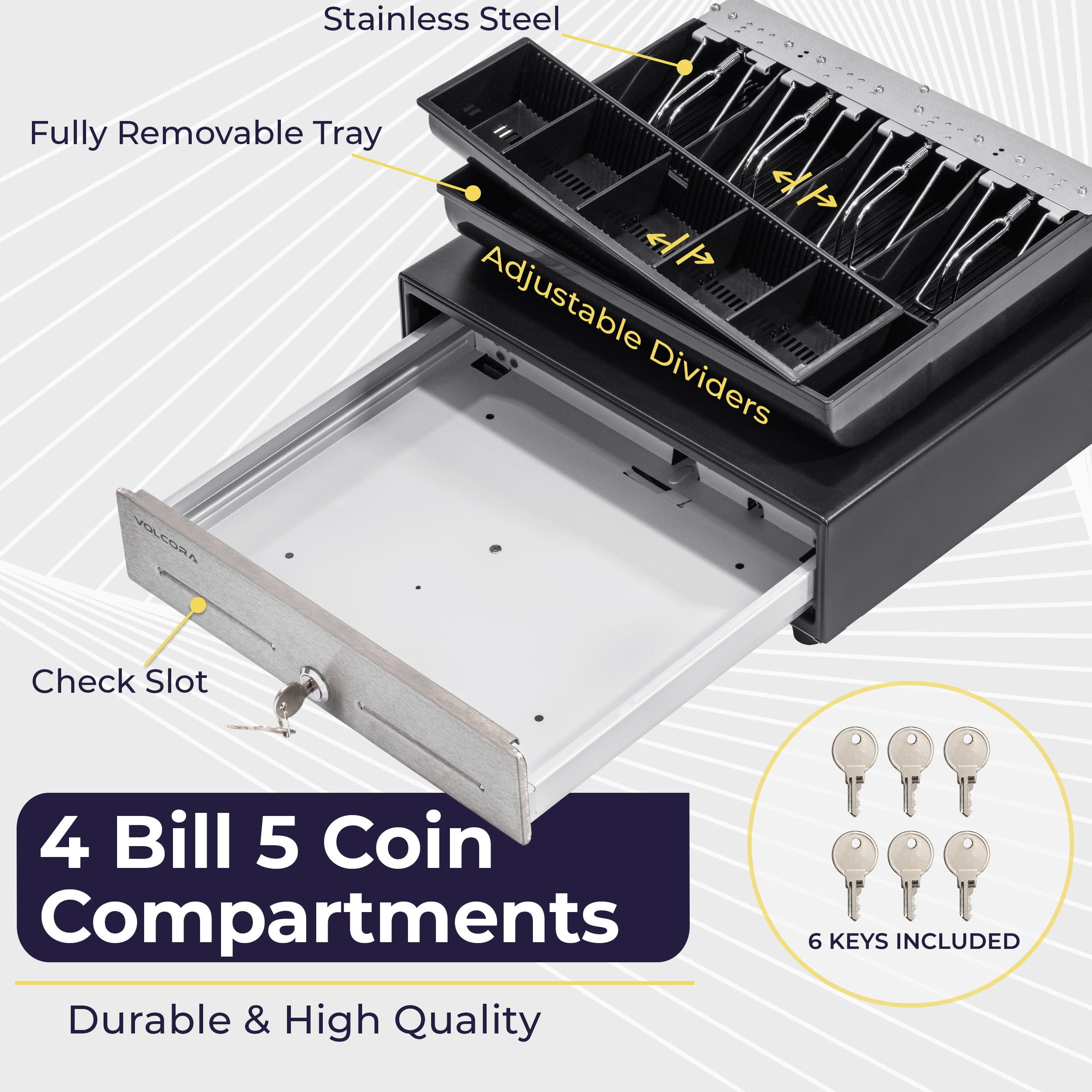 Volcora 13 Manual Push Open Cash Register Drawer for POS System, Touch Panel Stainless Steel Front, Black Heavy Duty Till 4 Bills 5 Coin, Key Lock, Fully Removable Money Tray Double Media Slots