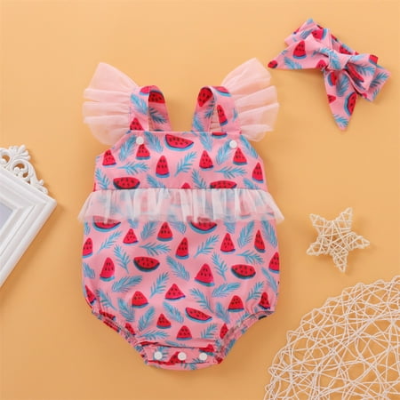 

Baby Girls Watermelon Printing Ruffles Romper Bodysuit+Hairband Outfits