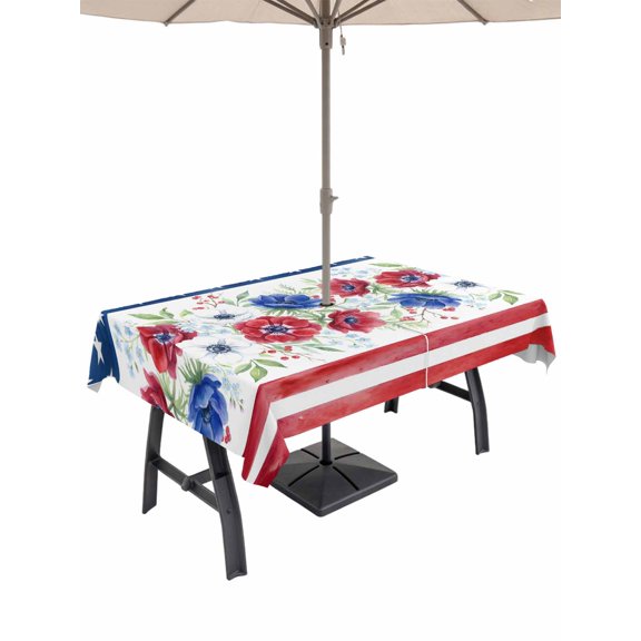 Outdoor Tablecloth with Umbrella Hole for Patio/Picnic/Party/Camping, Independence Day Waterproof Table Cloth Rectangle Table Cover Washable, American Flag Red Blue Flowers (54"x 80")