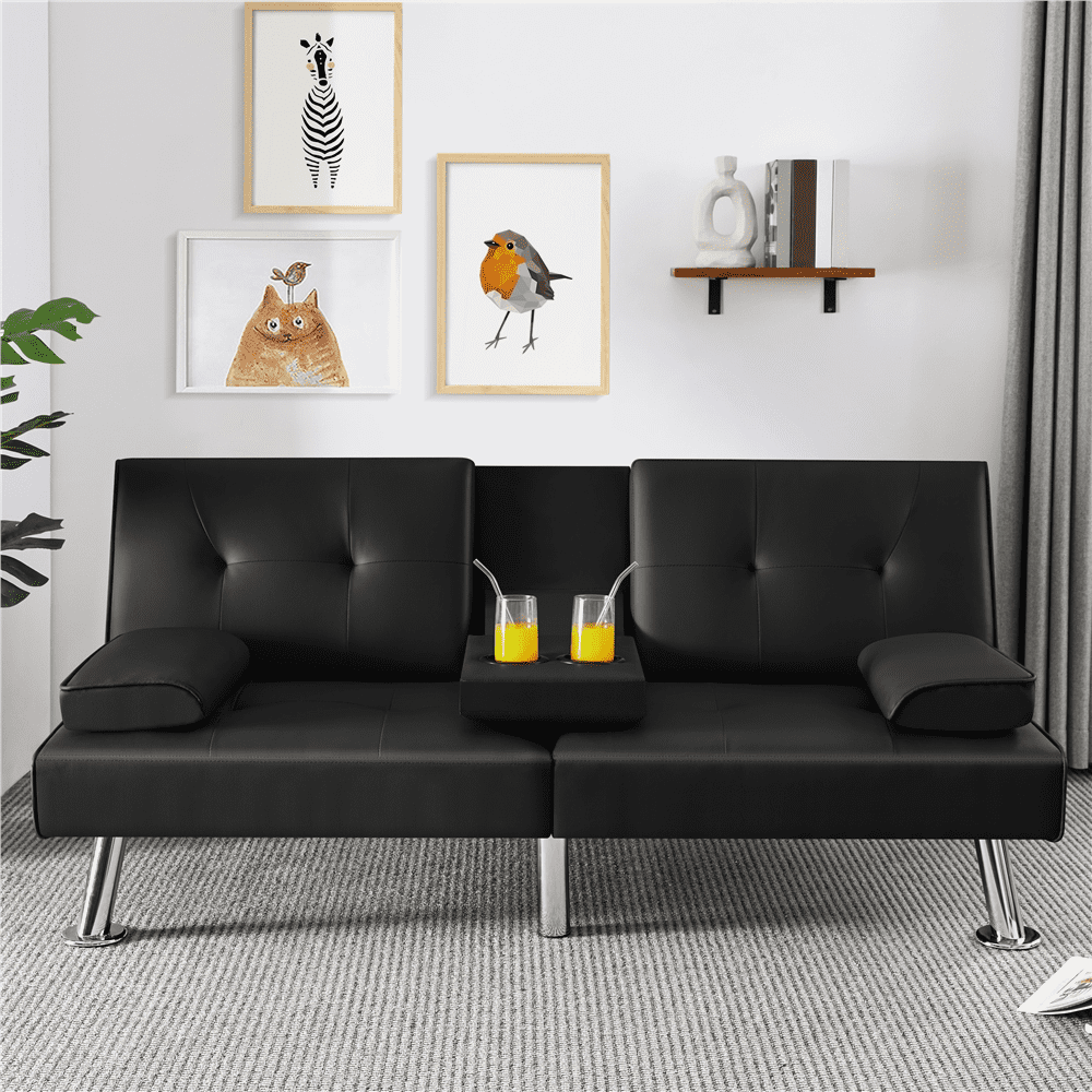 Renwick Modern Faux Leather Futon Sofa Bed Convertible Folding Couch with Cup Holders, Black