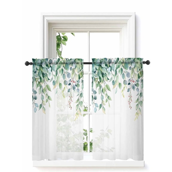 Eucalyptus Leaves Curtains 45 Inch Length, Sheer Curtains for Bedroom Living Room Window Green Botanical Summer Spring Rod Pocket Voile Drapes Kitchen Curtains Small Half Window 42"x45" 2 Panels