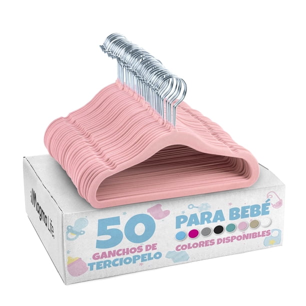 50 Ganchos de Terciopelo para Ropa de Bebe, Gancho Plateado Giratorio de 360 Grados ROSA CLARO