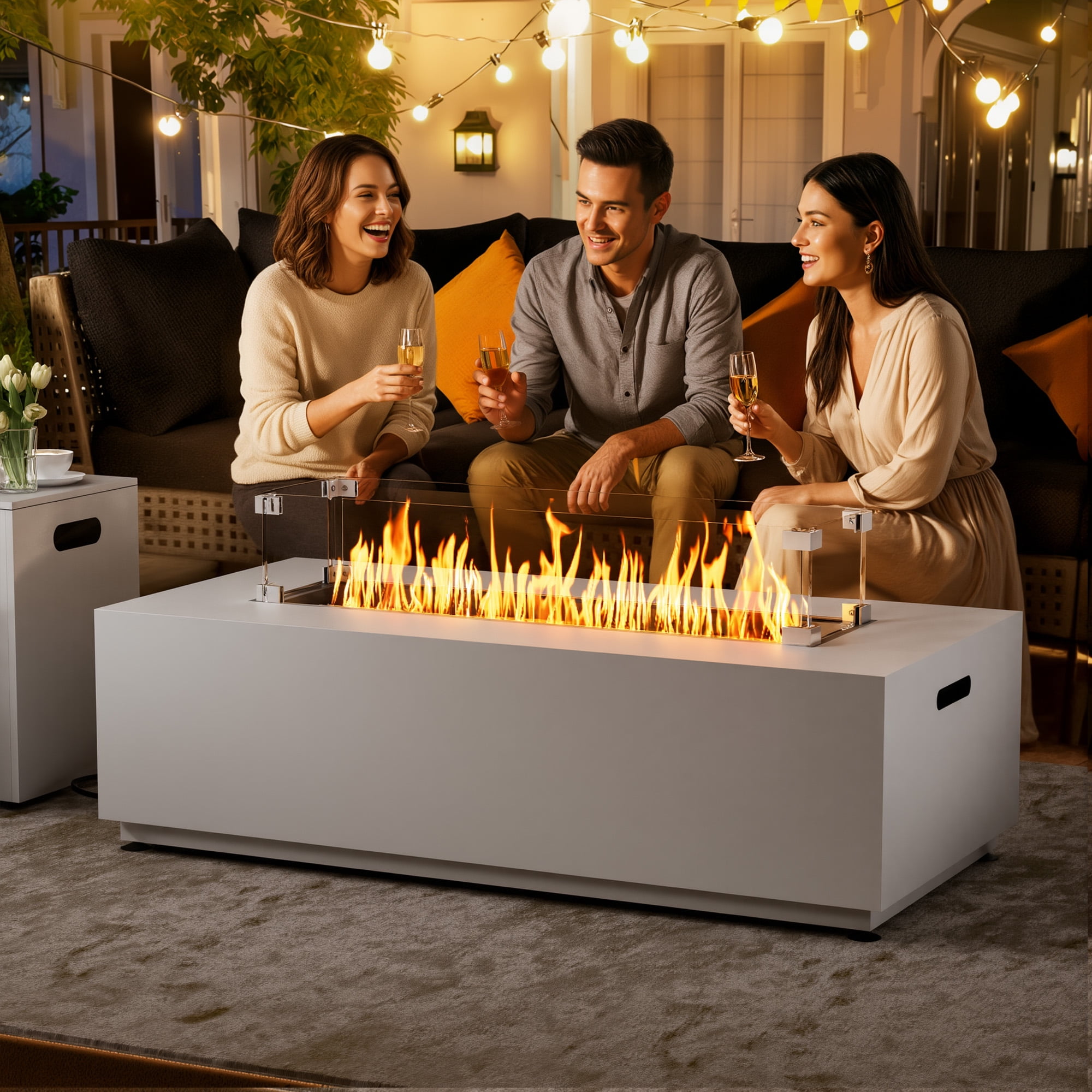 RADIATA 42” Rectangle Fire Pit Table, Dual Fuel Propane & Natural Gas Outdoor Firepit with Tank Table, 50000 BTU, Light Gray