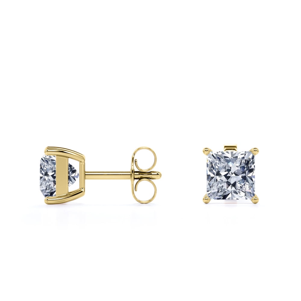 JeenMata 1 Carat Princess Cut Moissanite 4 Prong - Solitaire Stud Earrings - 18K Yellow Gold Plating Over Silver