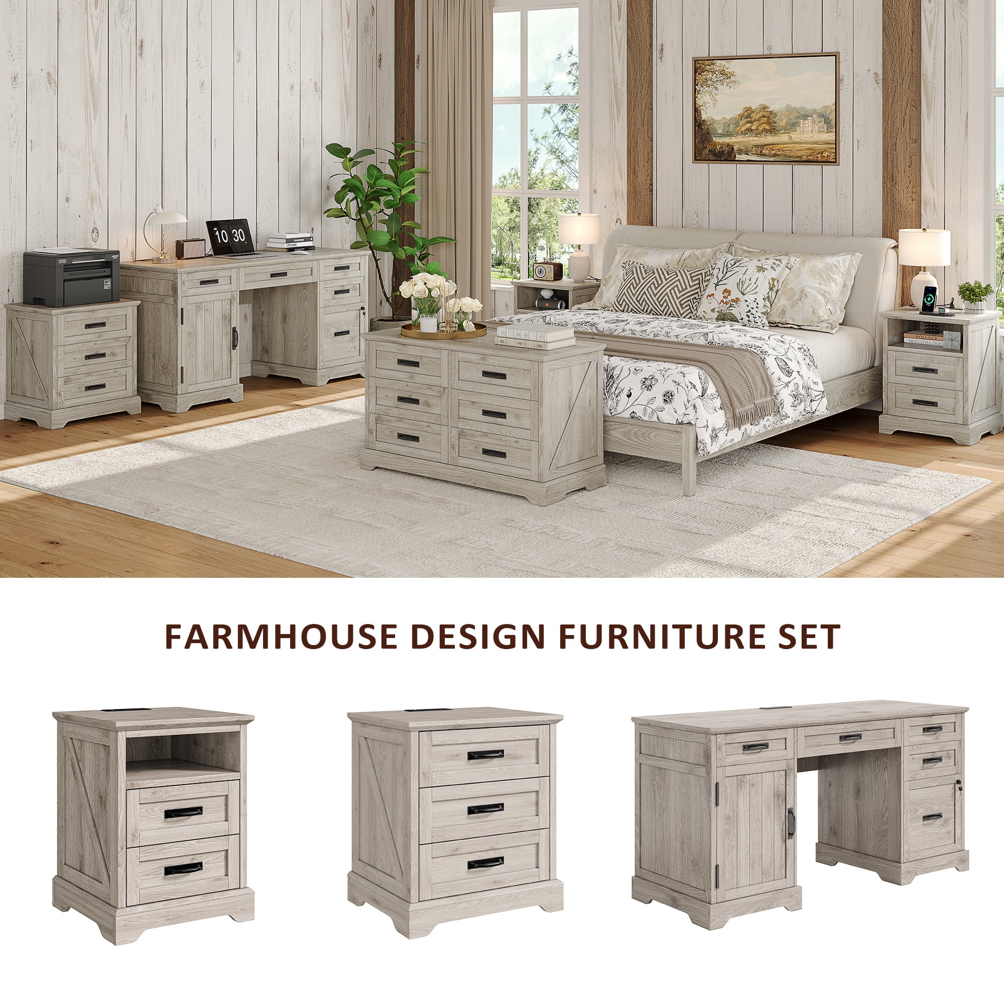 Farmhouse Nightstand Set of 2, 18 inch End Table with Charging Station for Bedroom, Living Room, Grey
