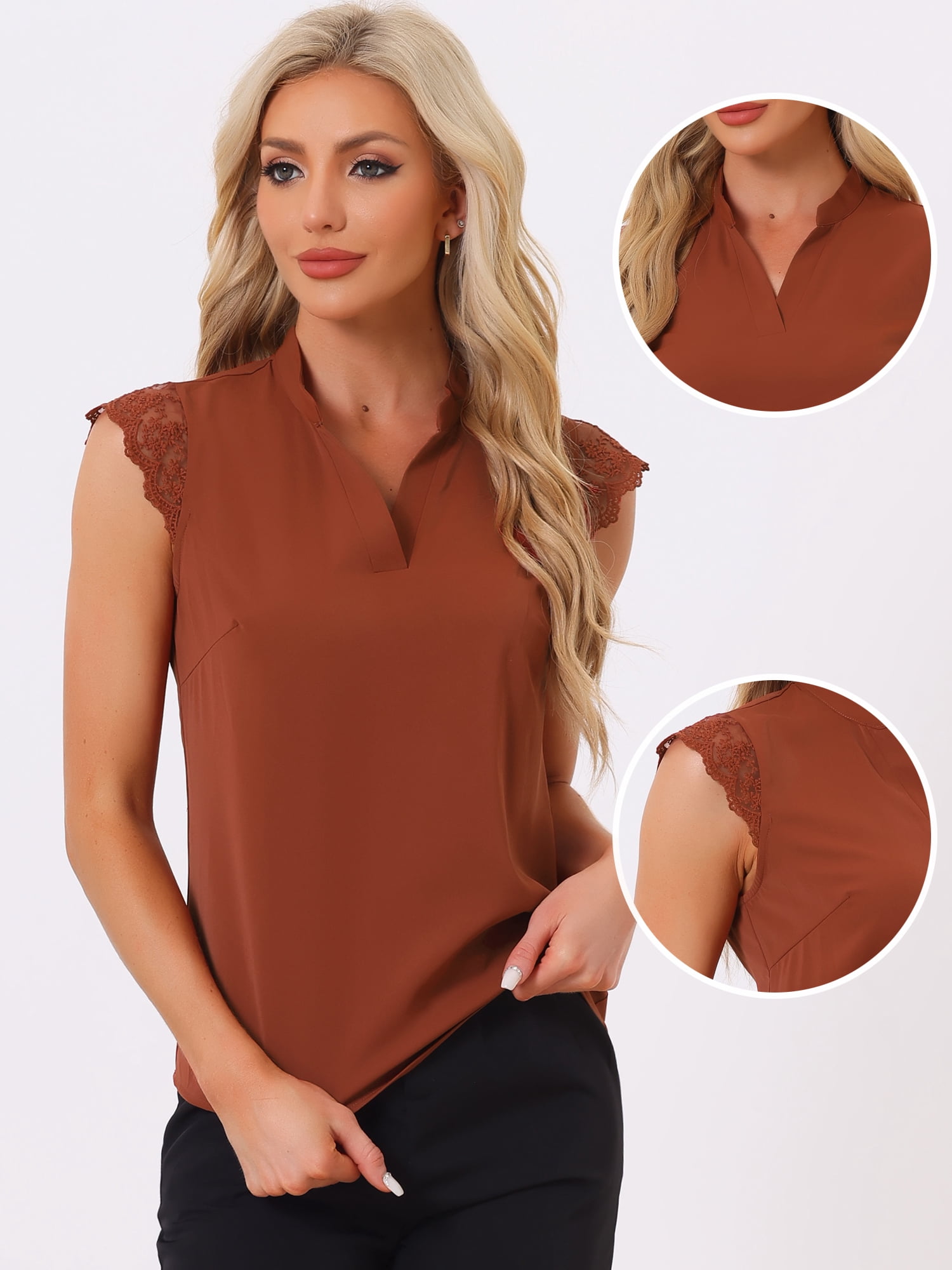 DARING DIVA Women's V Neck Sleeveless Basic Blouse Top XL Brown Red