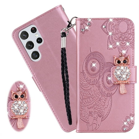 CCSmaller for Samsung Galaxy S24 Ultra Wallet Case (Not S24) for Women, Glitter Bling Diamond PU Leather Flip Folio Cover with Card Slot & Wrist Strap Phone Case for Samsung S24 Ultra Owl Rose Gold