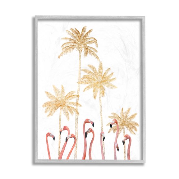 Stupell Industries Tall Flamingoes Golden Palm Trees over White Gray Framed by Ziwei Li