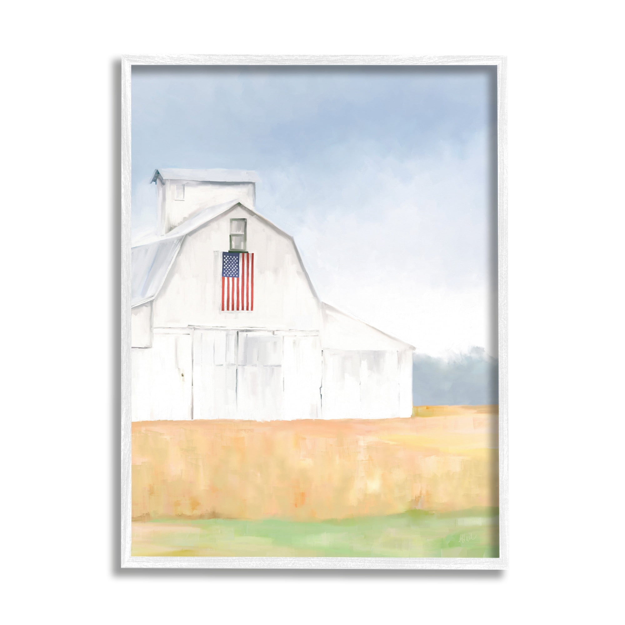 Stupell Industries American Flag White Country Barn Rural Scenery Painting White Framed Art Print Wall Art, Design by Amy Hall