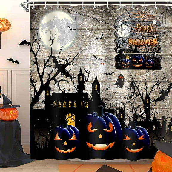 Halloween Shower Curtain Set, Ghost Pumpkin Horror Bat Rustic Farmhouse Decor Fall Autumn Festival Bath Curtains, 72x72 Inch, Hooks Included