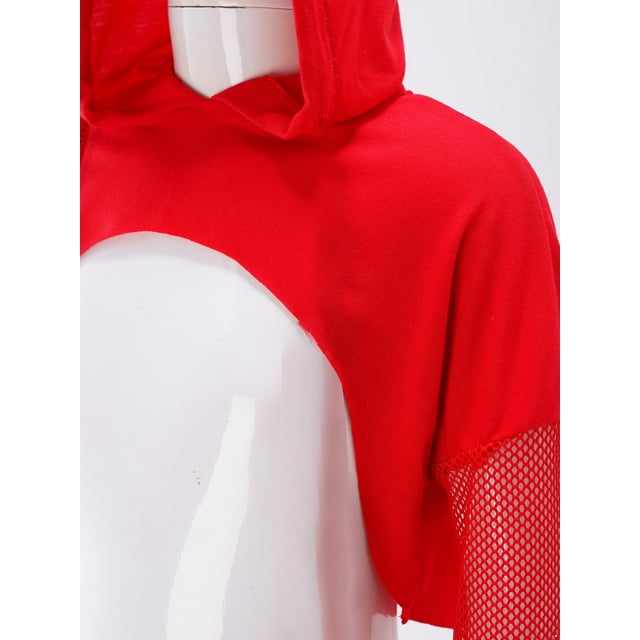 vastwit Chandail à Capuche en Maille pour Filles Manches Longues Hauts de Danse Chandail en Résille Chandails en Molleton à Capuche Crop Top Rouge 16