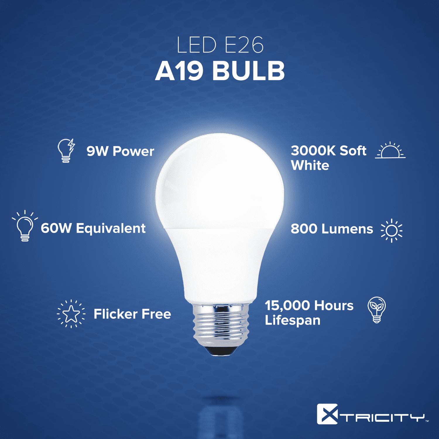 Xtricity A19 LED Light Bulb, 9W (60W Eqv), E26 Base, 3000K, Non-Dimmable, UL Listed (4 Pack)