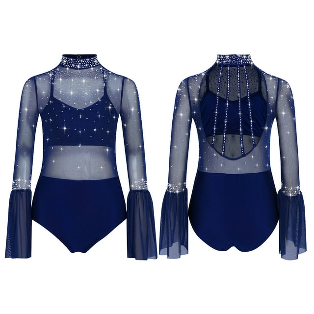 TSSOE Kids Girls Sparkly Rhinestone Dance Leotard Sheer Mesh Patchwork Bodysuit for Gymnastics Tumbling Navy Blue 16