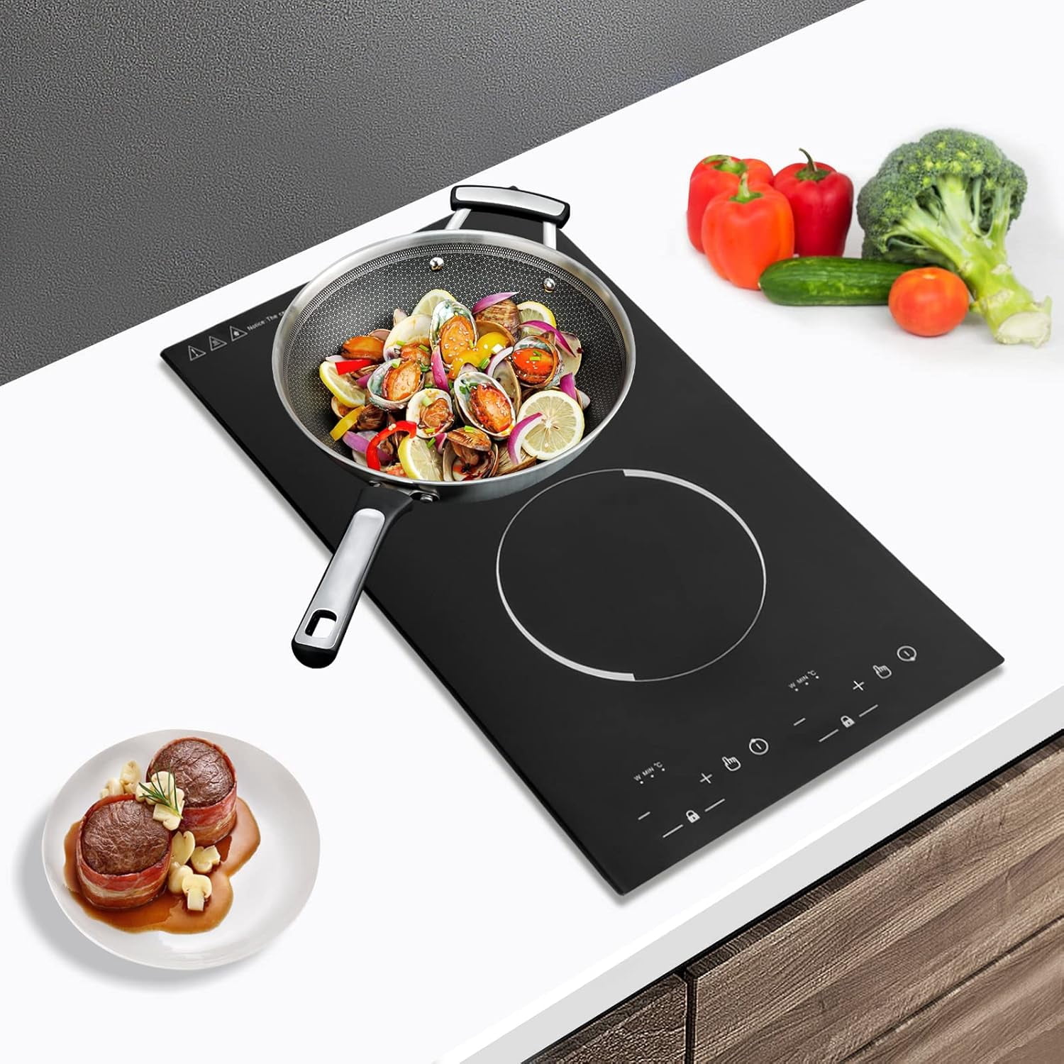 Electric Cooktop 2 Burner Portable Induction Cooker with Burner Independent Control Ultrathin Body 9 gears Temperature 1200W+1100W-Multiple Power Levels 110V-120V (for Pot 10.24in)