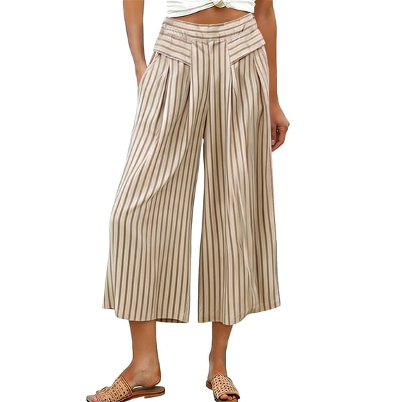 Mifsaly Striped Cropped Wide Leg Pants for Women High Waist Flowy Palazzo Capris with Pockets Breathable Lightweight Summer Casual Beach Vacation Clothes Coffee,XL