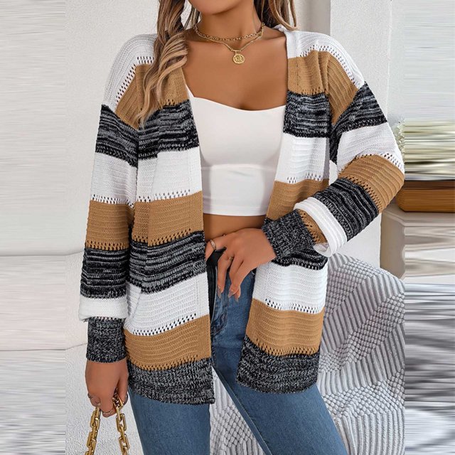 Chandails pour Femmes Chandails à la Mode pour Femmes Chandail Rayé Tricoté Ample Chandail à Manches Longues Col Rond Cardigan