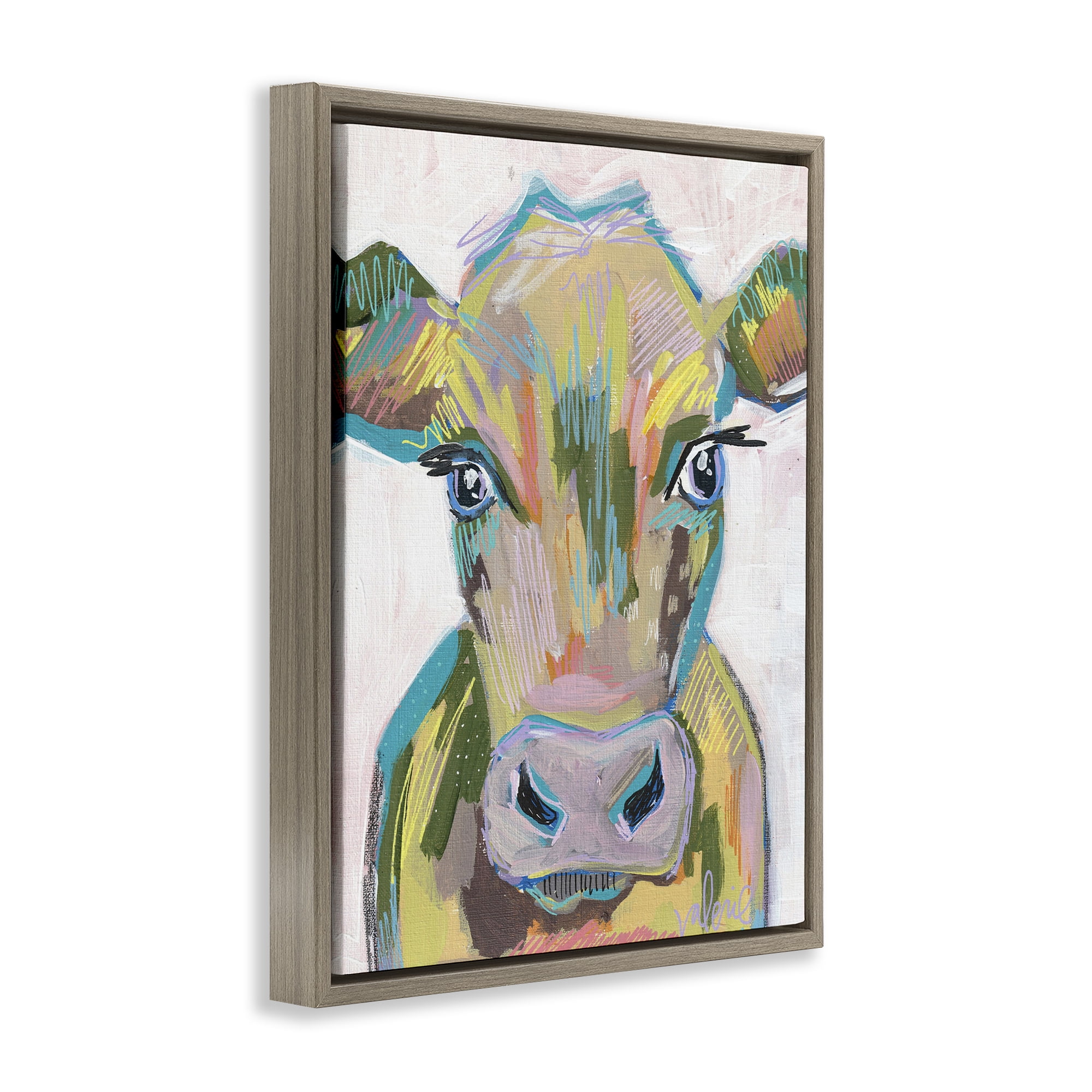 Stupell Industries Vivid Cow Visage Animals & Insects Painting Brown Floater Framed Canvas Art Print Wall Art, 17 x 21