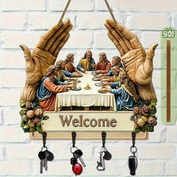 Llavero de pared navideño de la Natividad, organizador de llaves con dijes para la entrada del hogar, arte de pared para ocasiones religiosas de Jesús y sus discípulos, llavero rústico con 4 ganchos d