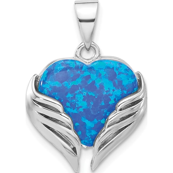Sterling Silver Rh-Plated Blue Created Opal Heart With Wings Pendant (Width 17.5) (Length 22.7) - Jbsp