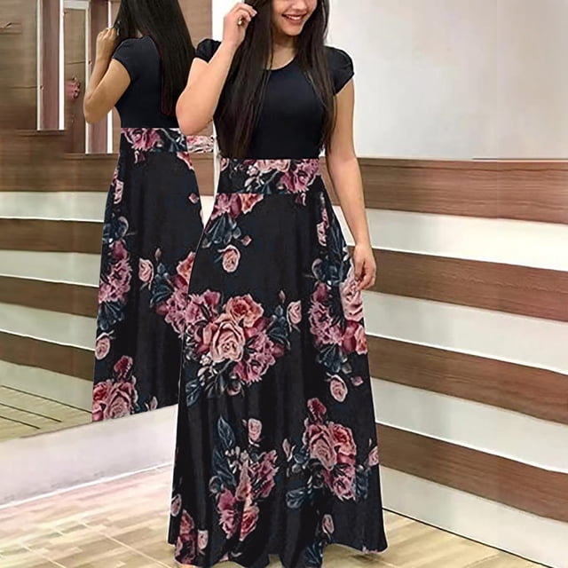 FcBaudy Robe à Manches Courtes à Col Rond, Robes pour Femmes, Robes d'Été pour Femmes Robe Teinture sur Nœuds Colorée Longue à Imprimé Floral pour Femmes Plage Décontractée Maxi Robe d'Été Robe pour Femme