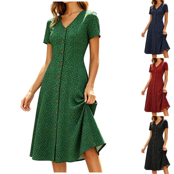 XUNKUSGA Womens Summer Dresses Classic Polka Dot V-Neck Short Sleeve Women's Dresses Fashion Slim Fit Button Down A Line Dresses for Women Floral Print Knee-Length Dress S-2XL Black