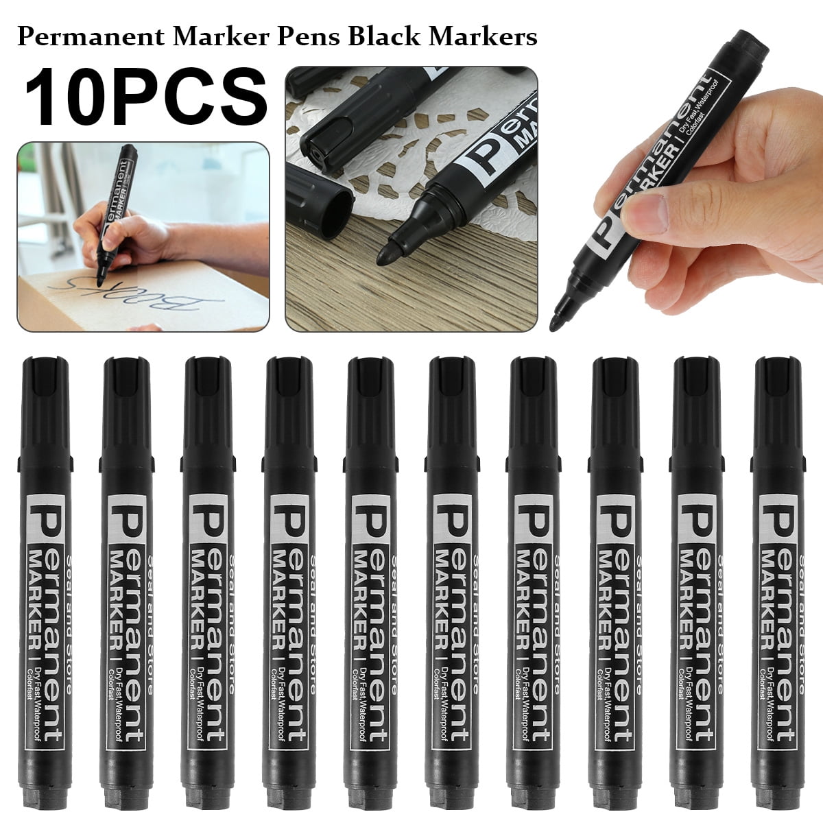 kitwin 10pcs Permanent Marker Pens Bullet Tip Markers Waterproof Black  Marker Set Non-fading Paint Pens Works on Plastic Wood Stone Metal Glass  for