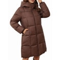 thumbnail image 2 of Female Hooded Long Puffer Coat Winter Warm Full Zip Quilted Jacket with Pockets Brown S, 2 of 9