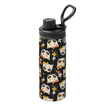 

Uemuo Cat Skulls and Flowers 18OZ Insulated Kettle Sports Water Bottle Stainless Steel Kettle Vacuum Insulated Flask Flip Lid Travel Mug