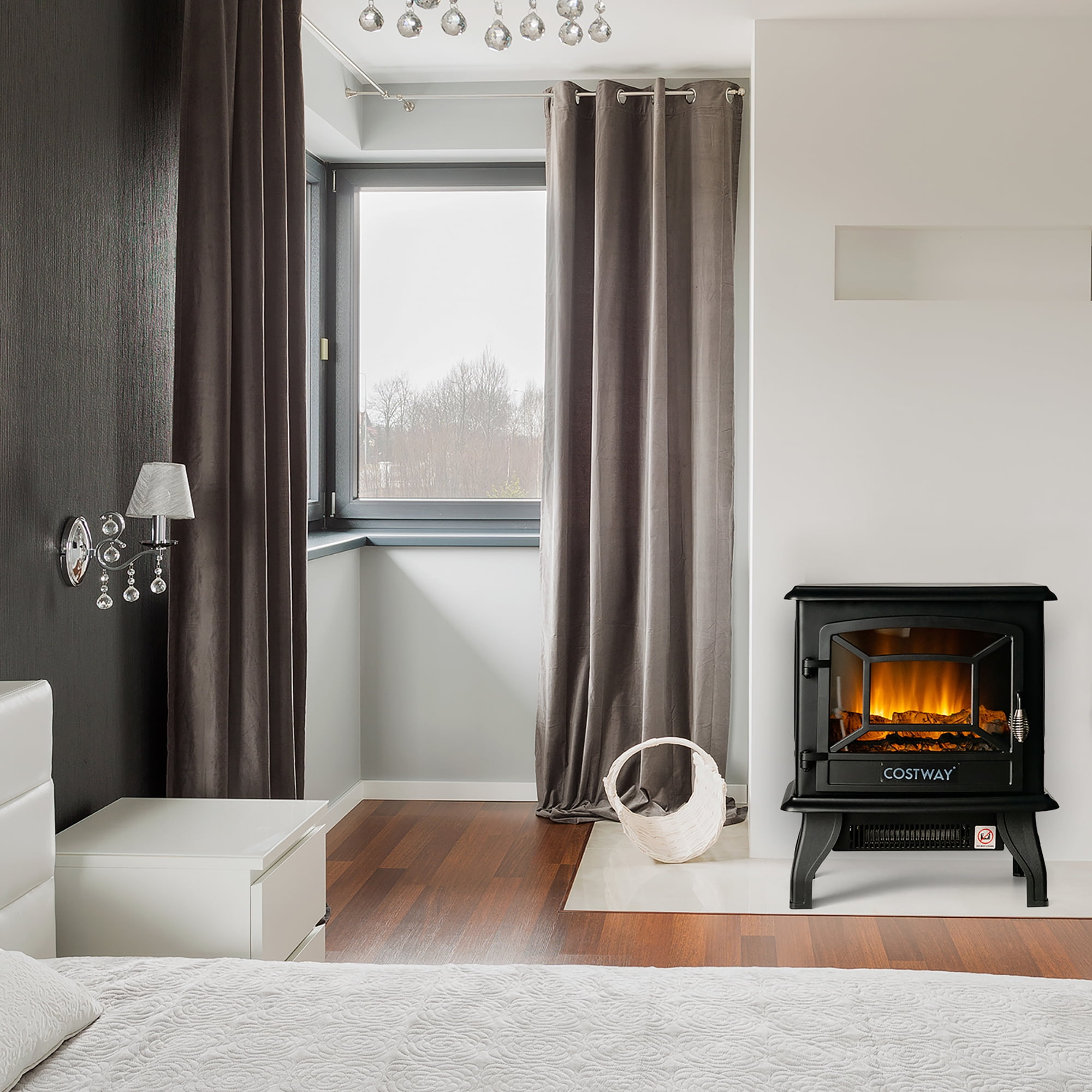 Costway 20” Freestanding Electric Fireplace Heater Stove W/ Thermostat & Flame Effect Sansujyuku sansujyuku.com