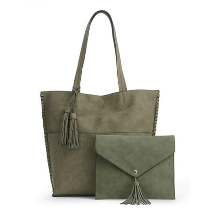 Trendy Suede Handbag - Metallic Sky Abigail Faux Leather Tassel Tote With Faux Suede Pouch