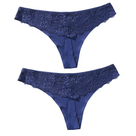 

2Pcs Women Low Waist Seamless Lace Trim Elastic G-String Thong Blue XL