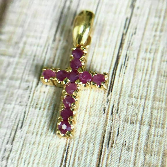 1.00Ct Round Cut Lab Creatd Red Ruby Cross Pendant 14K Yellow Gold Finish Free Chain
