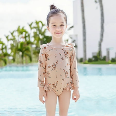 Delliss Long Sleeve One Piece Ruffle cute flower print sunscreen long sleeved Swimsuit for Toddler Girls Baby Girl Shirt 6Months-4Years