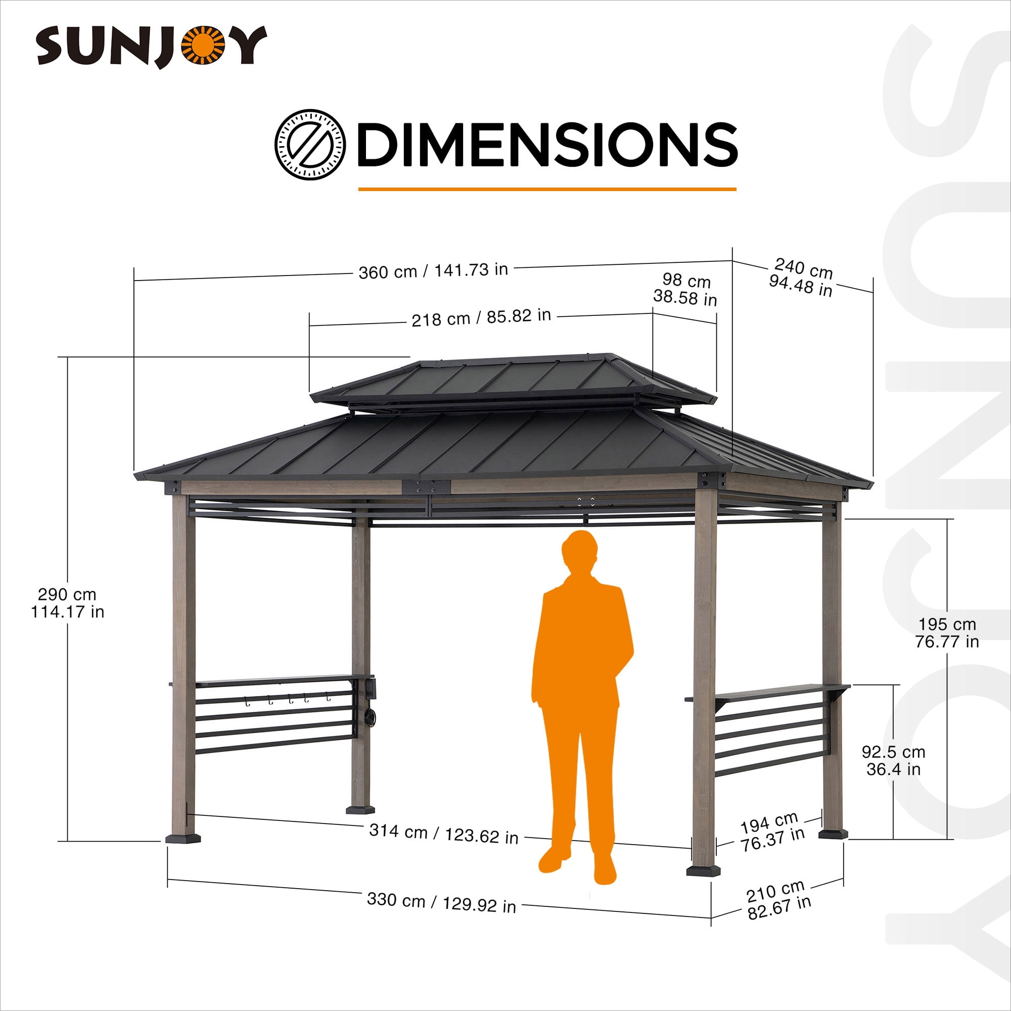 Sunjoy 8ft. x 12 ft. Wooden Cedar Framed Grill Gazebo with exclusive AC Power Port - Black