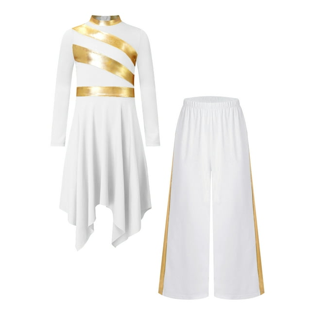 Moggemol Robe de Danse à Manches Longues pour Filles, Tunique de Danse Lyrique et Pantalon Grand Blanc 12