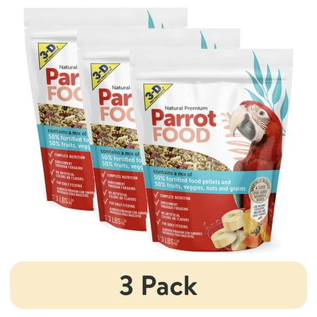 (3 pack) 3-D Pet Products Natural Premium Parrot Food, with Fortified Pellets, 3 lbs
