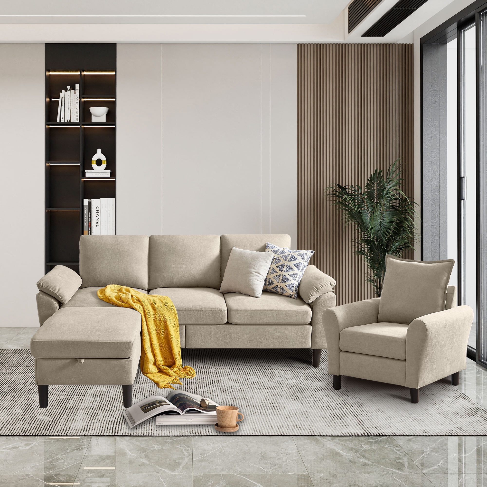 Soscana Living Room Sectional Sofa Accent Chair,L Shaped 3 Seat Couch with Storage Ottoman and Side Pockets,Single Armchair,Tool Free Assembly