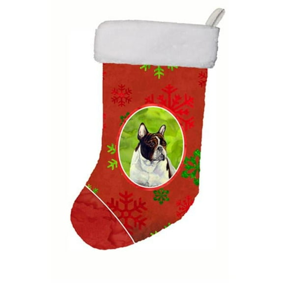 11 x 18 in. French Bulldog Red And Green Snowflakes Holiday Christmas Stocking