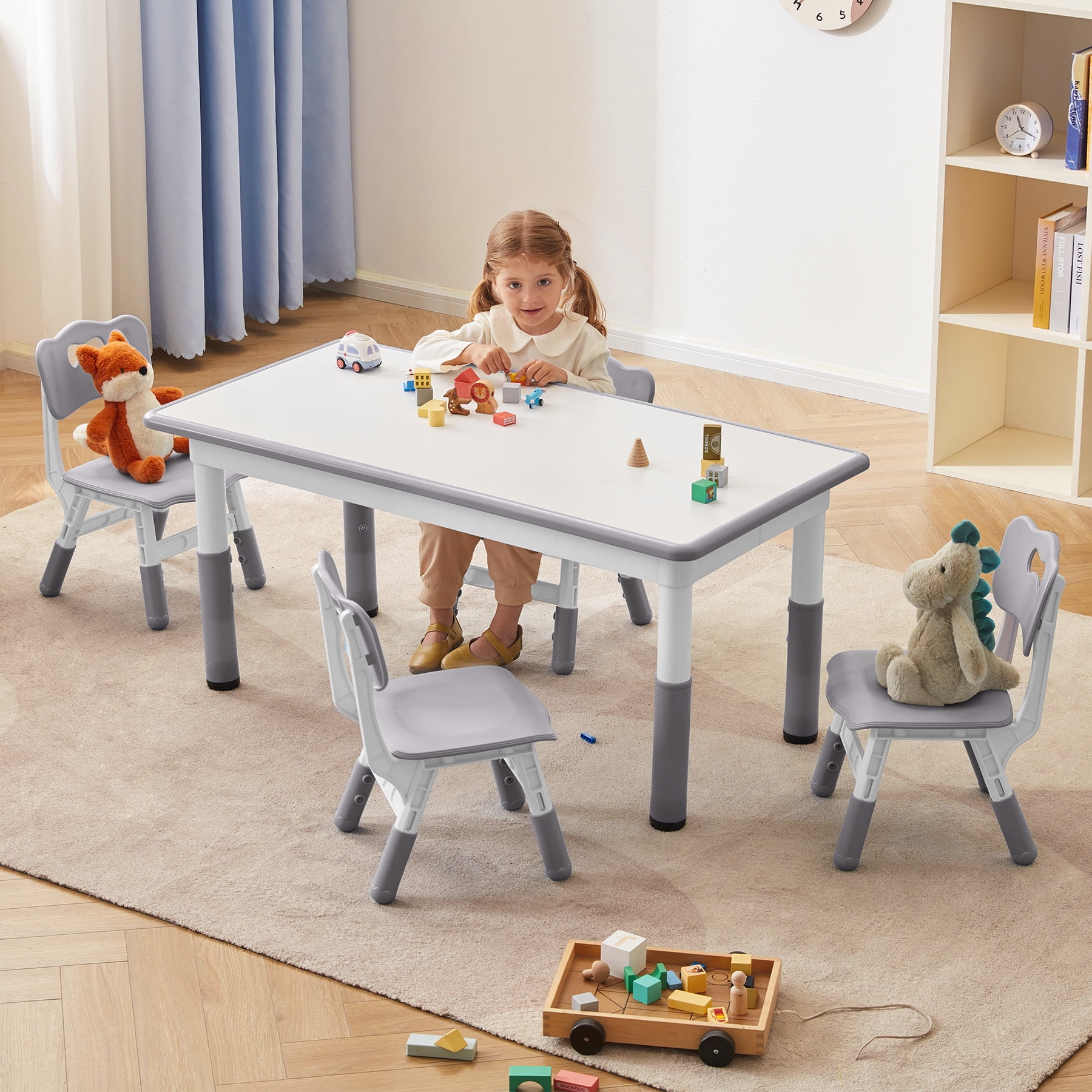 DOREROOM Toddler Table and Chairs Set for 4, 47.2''L x 23.6''W Kids Study Table and Chair Set, Height-Adjustable, Graffiti Desktop, Children Activity Table for Daycare, Classroom, Home