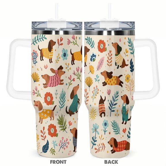 40oz Cute Dachshund Floral Car Tumbler Insulated Travel Cup with Handle and Straw Lid Gift