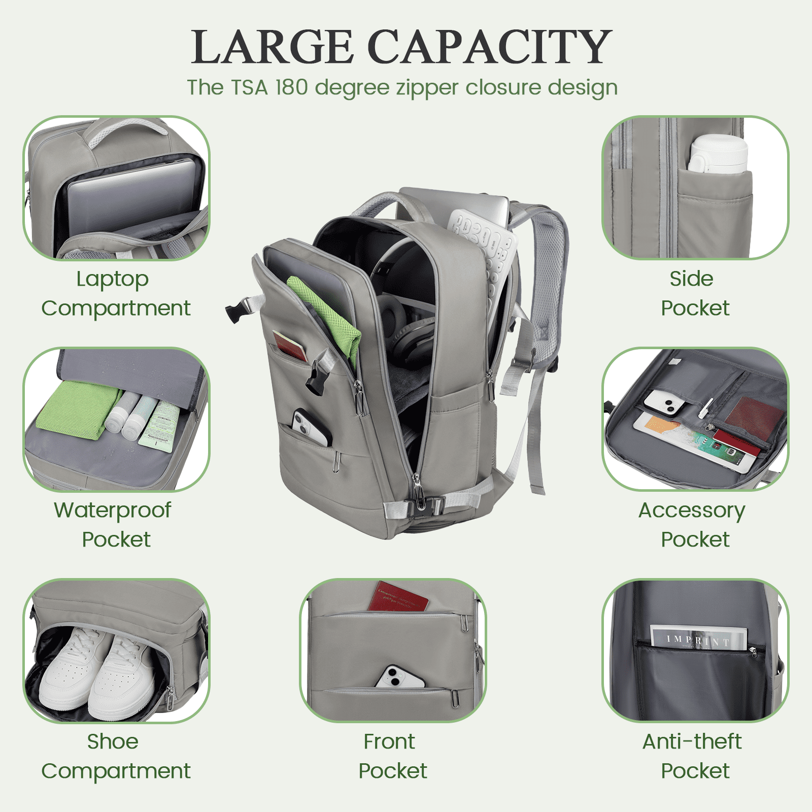 DAKOMM 17.7" Travel Backpack with USB Port & Shoe Compartment, TSA-Approved Laptop Carry On Backpack, Waterproof Large Casual Daypack Travel Bag for Women Men Weekender Trips, Business & Hiking, Gray